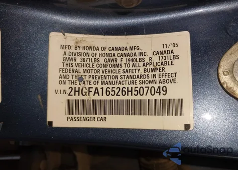 2006 Honda Civic Lx из США, поврежденный, VIN 2HGFA16526H507049